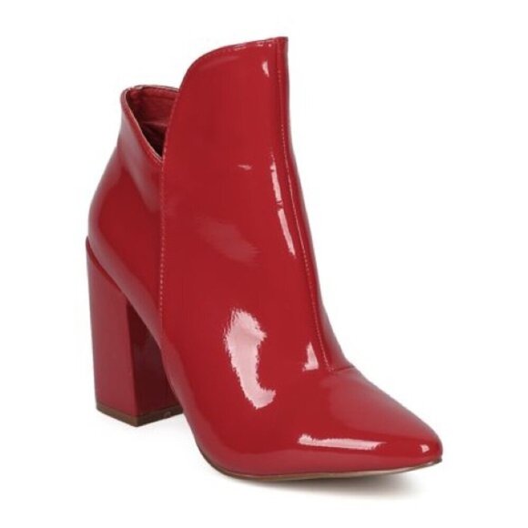 Patent Leatherette Bootie Pointy Toe Block Heel Liliana Zoya-4 Vegan Red Size 7 - Picture 2 of 10